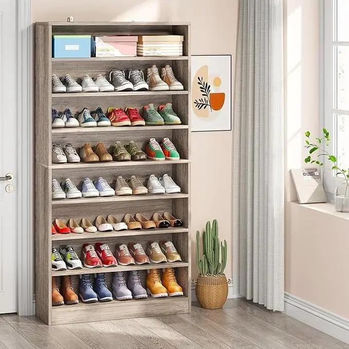 8-Shelf Shoe Rack Storage Cabinet in Grey Wood Finish - Holds Up To 45 Pairs by HomePacific