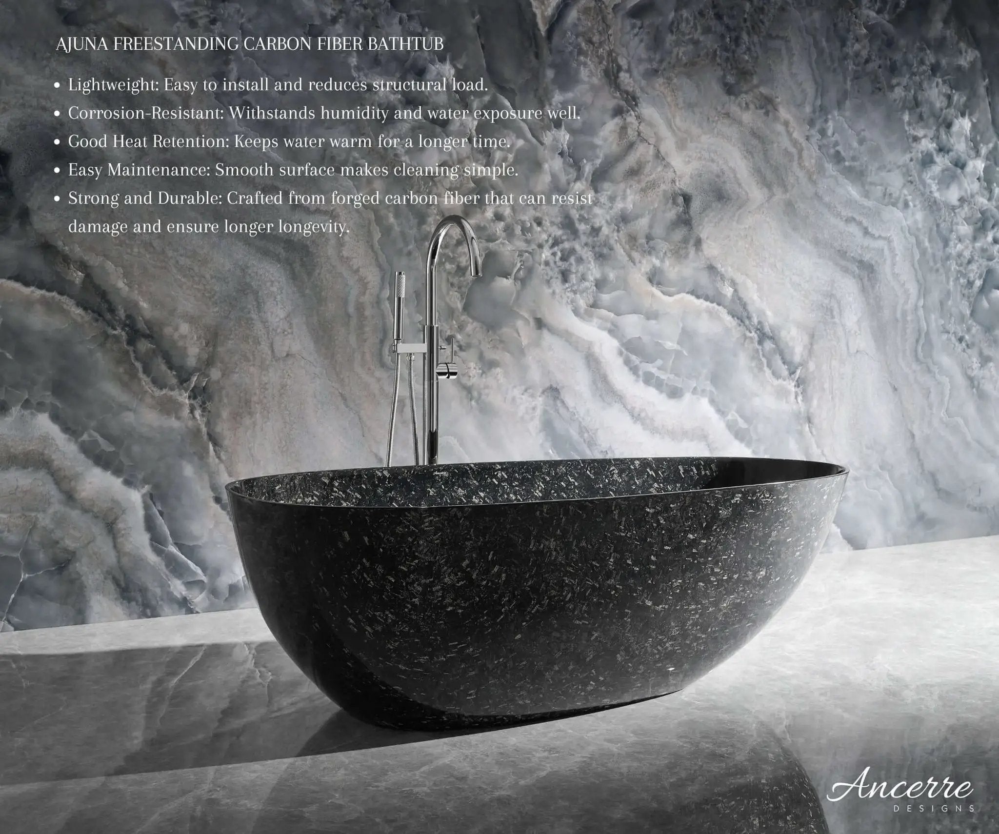 Anjuna 67" Freestanding Forged Carbon Fiber Bathtub by Ancerre Designs