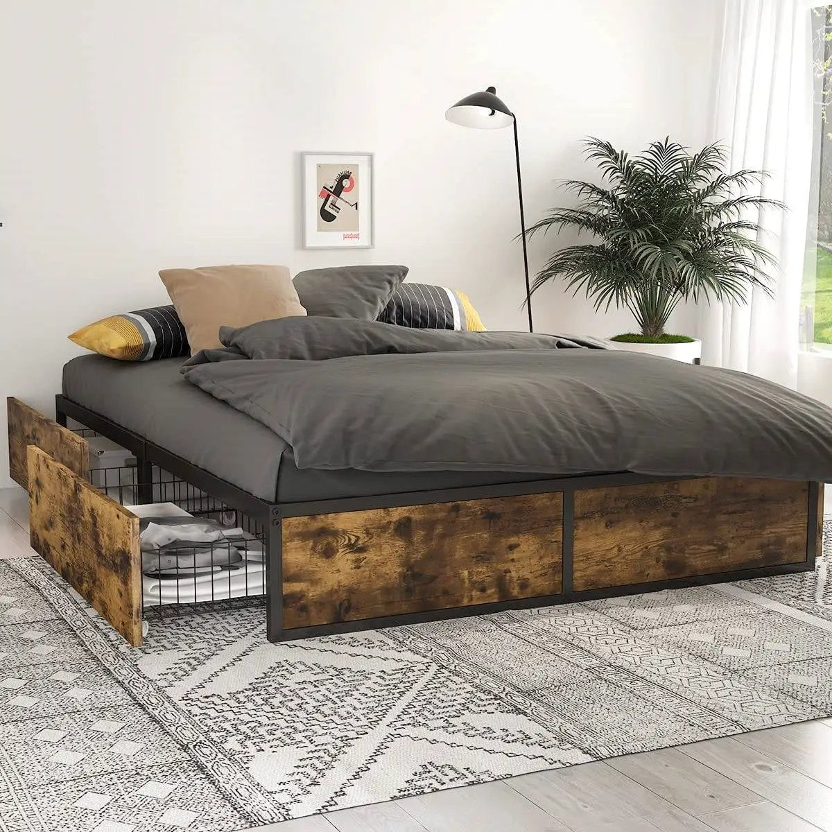 Full Metal Wood Platform Bed Frame with 4 Storage Drawers - 600 lbs Max Weight by HomePacific