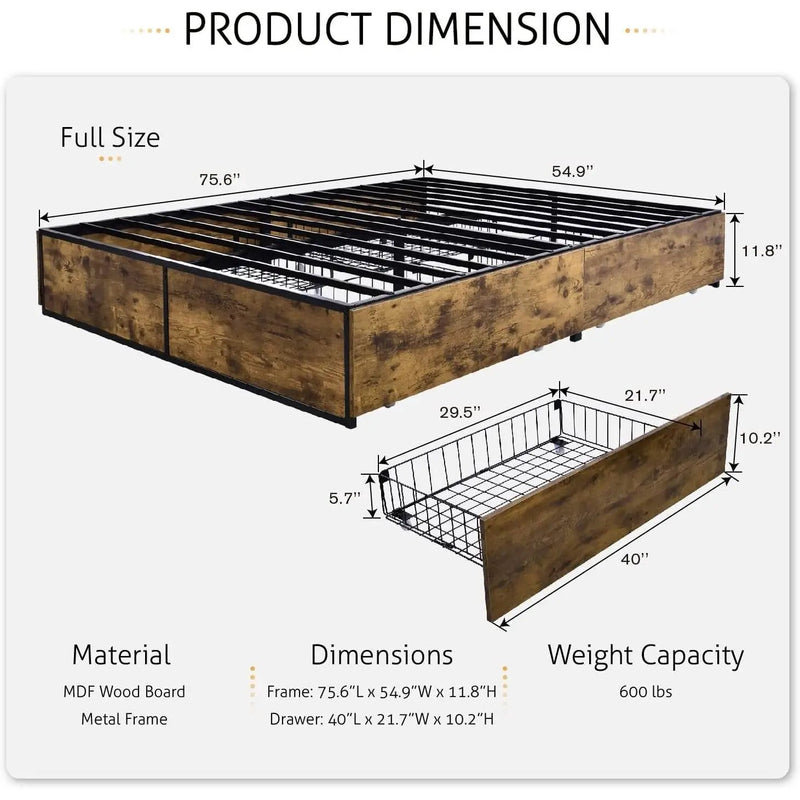 Full Metal Wood Platform Bed Frame with 4 Storage Drawers - 600 lbs Max Weight by HomePacific