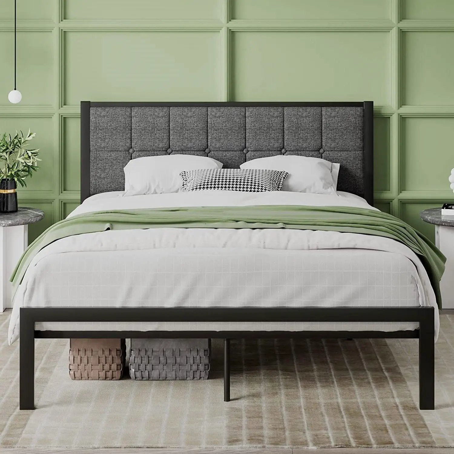 Full Metal Platform Bed Frame with Gray Button Tufted Upholstered Headboard by HomePacific