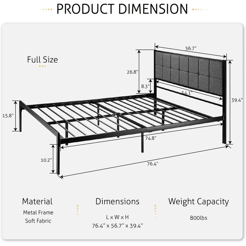Full Metal Platform Bed Frame with Gray Button Tufted Upholstered Headboard by HomePacific