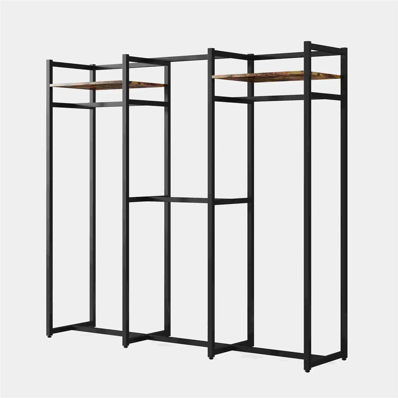 Black Metal Garment Rack with 4 Clothes Hanging Rods and 2 Wood Storage Shelves by HomePacific
