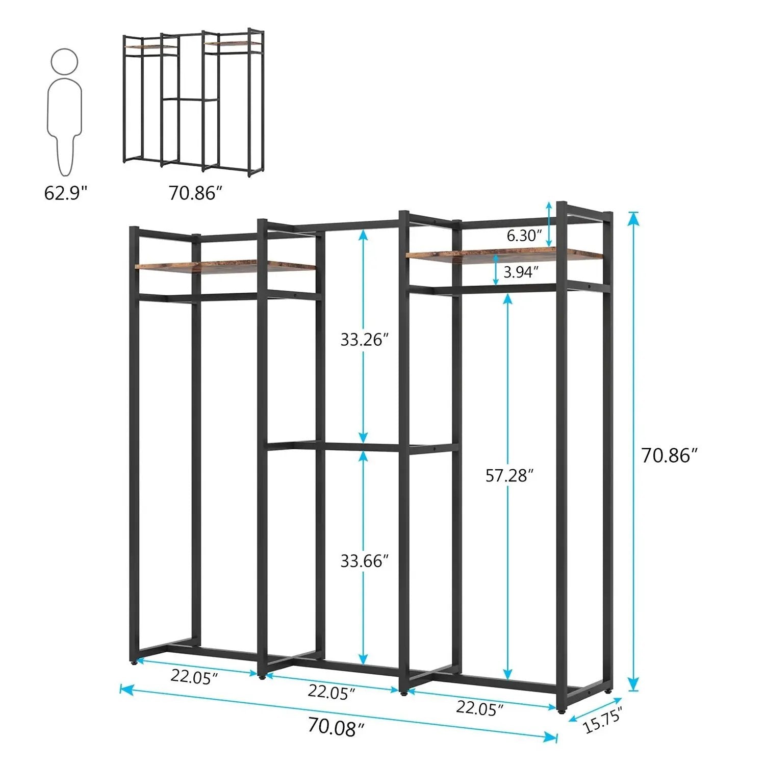 Black Metal Garment Rack with 4 Clothes Hanging Rods and 2 Wood Storage Shelves by HomePacific