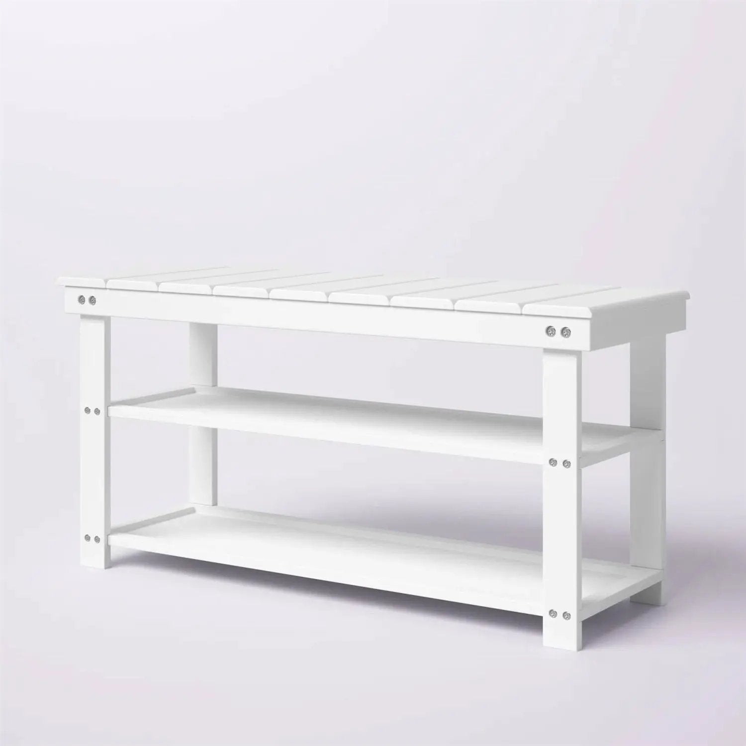 White Slatted Wood 2-Shelf Shoe Rack Storage Bench For Entryway or Closet by HomePacific