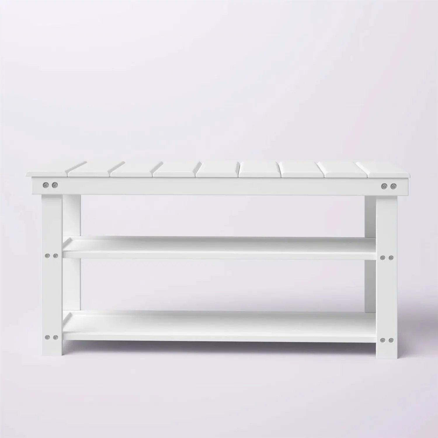 White Slatted Wood 2-Shelf Shoe Rack Storage Bench For Entryway or Closet by HomePacific