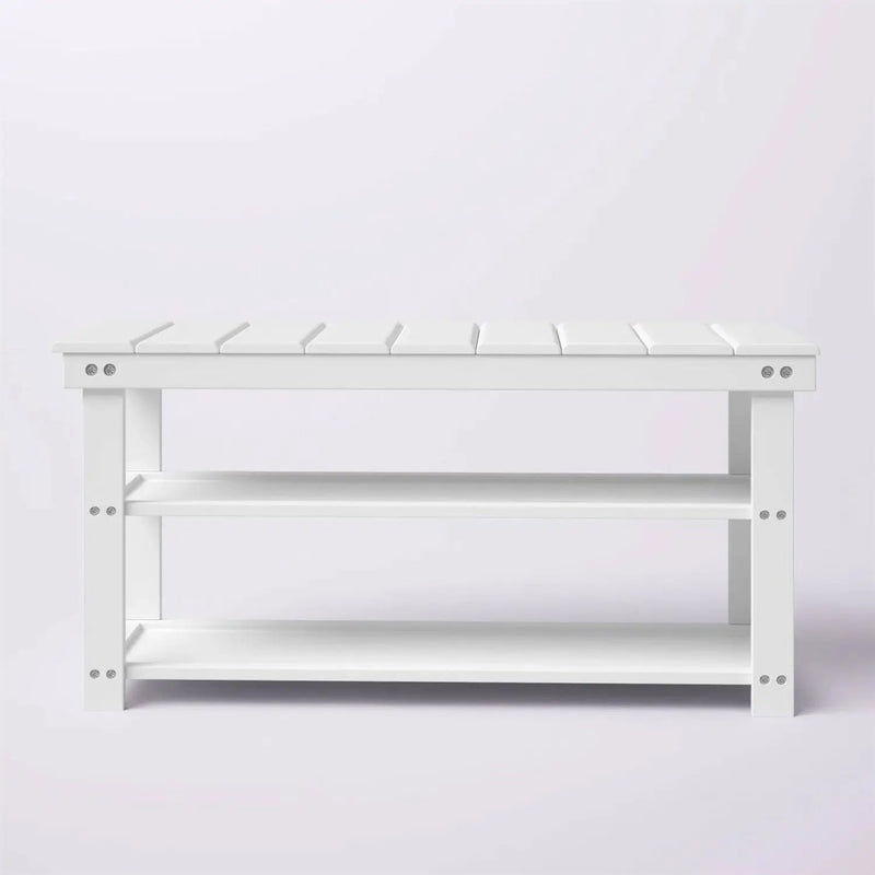 White Slatted Wood 2-Shelf Shoe Rack Storage Bench For Entryway or Closet by HomePacific