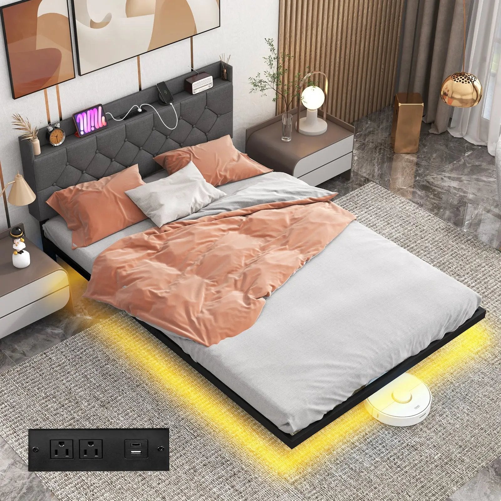 Full/Queen Size Floating Bed Frame with LED and Headboard and Charging Station by DirectDeals