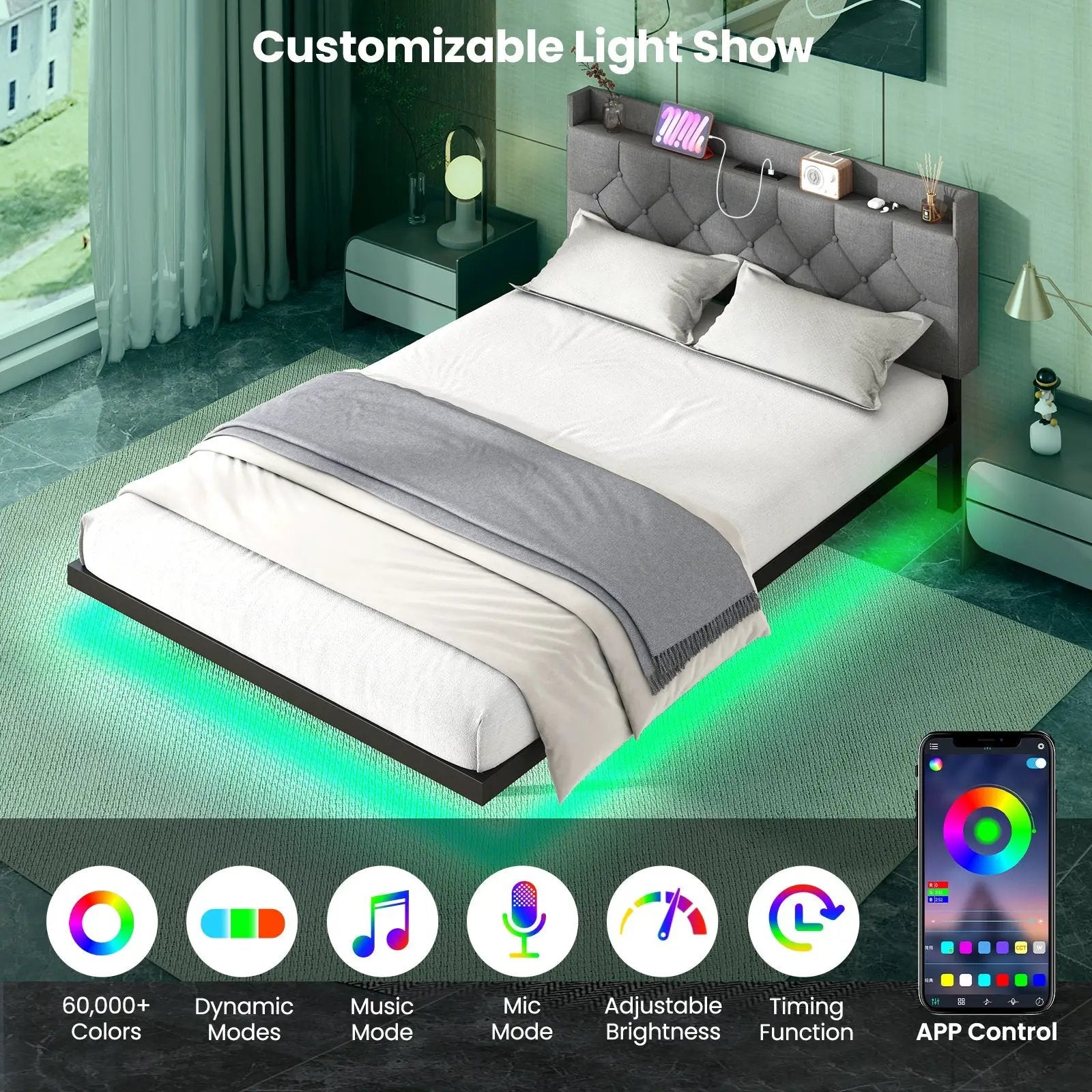 Full/Queen Size Floating Bed Frame with LED and Headboard and Charging Station by DirectDeals