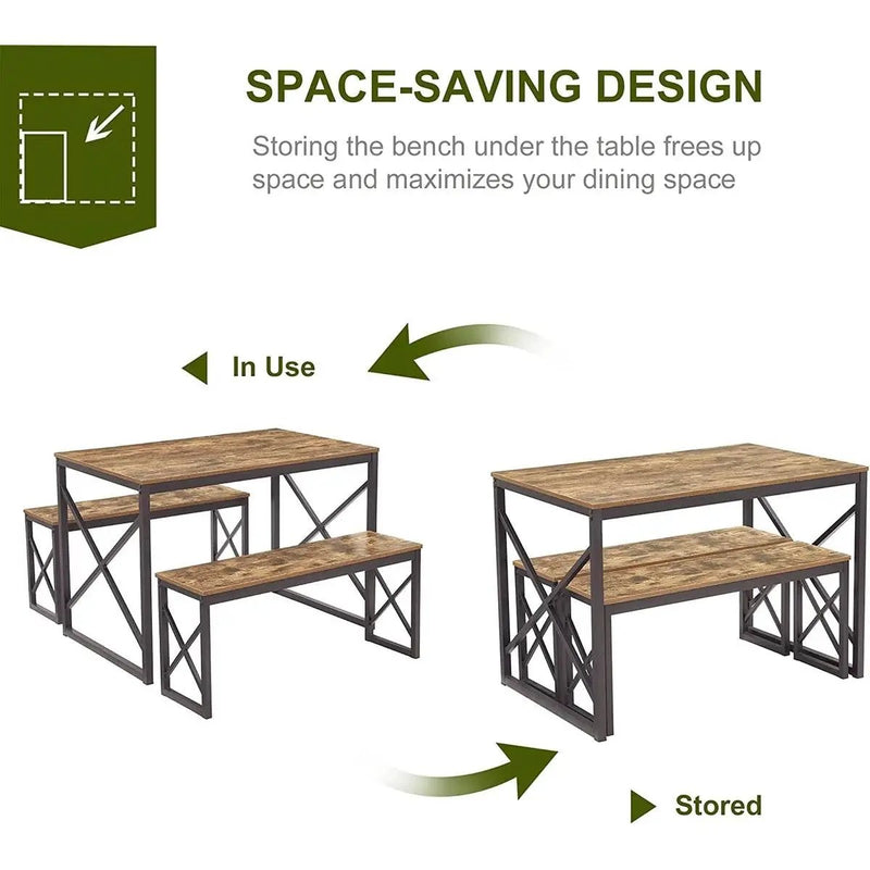 Modern Industrial Wood-Top Kitchen Dining Table Set with 2 Backless Benches by HomePacific