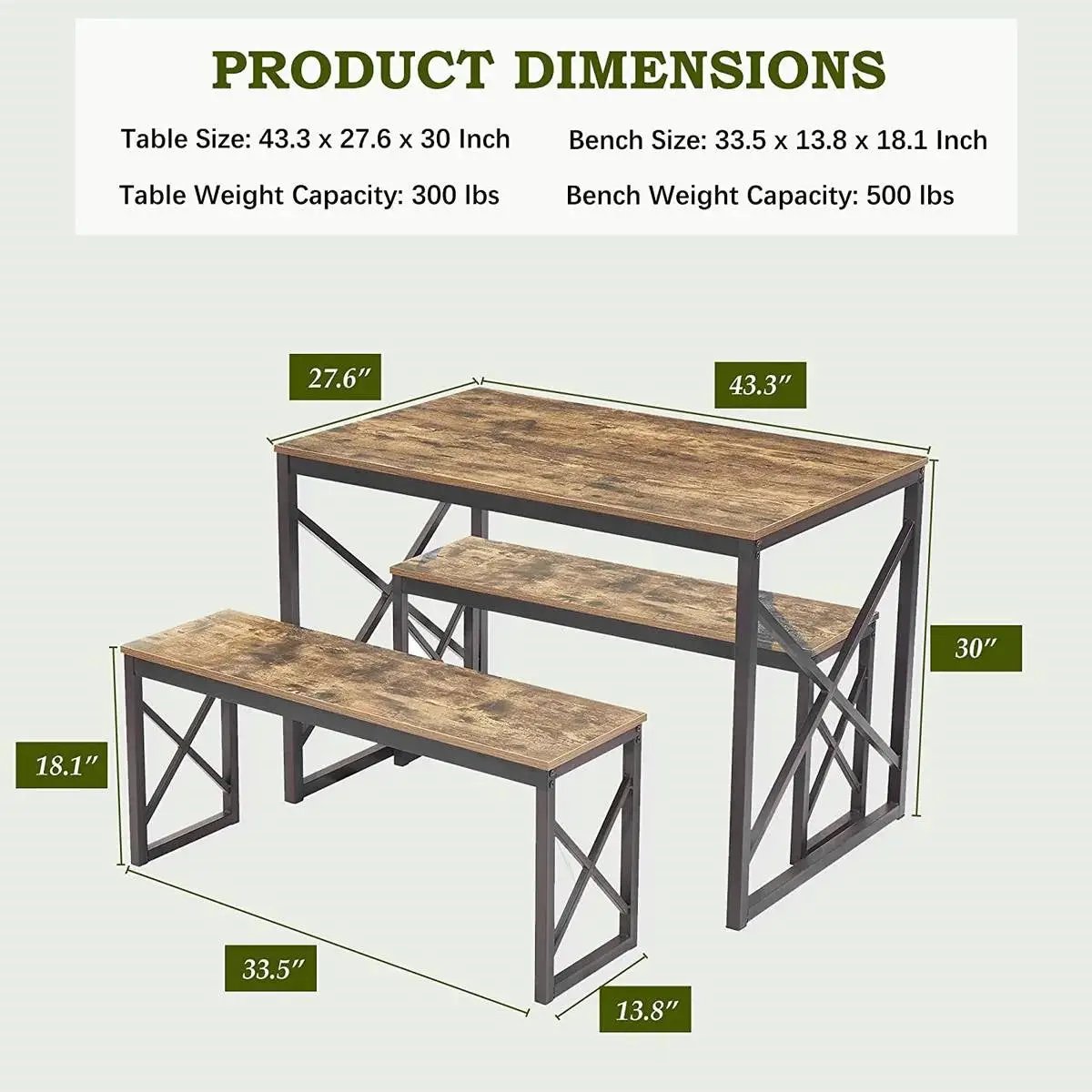 Modern Industrial Wood-Top Kitchen Dining Table Set with 2 Backless Benches by HomePacific