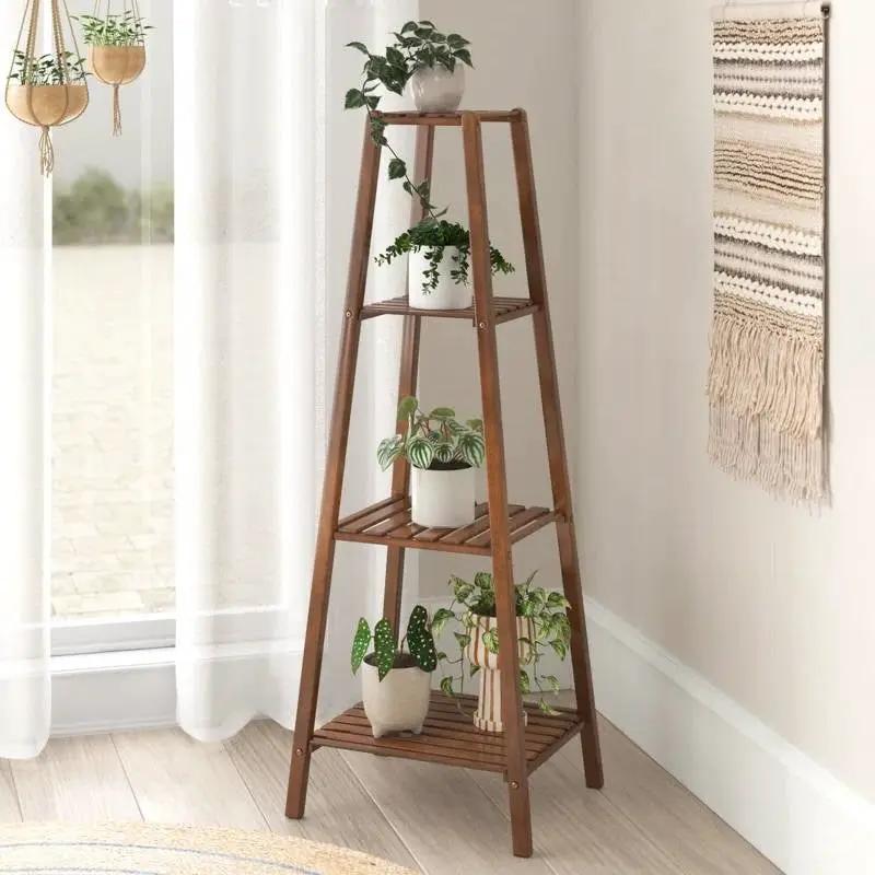 Modern Boho Wooden 4-Shelf Pyramidal Plant Stand by HomePacific