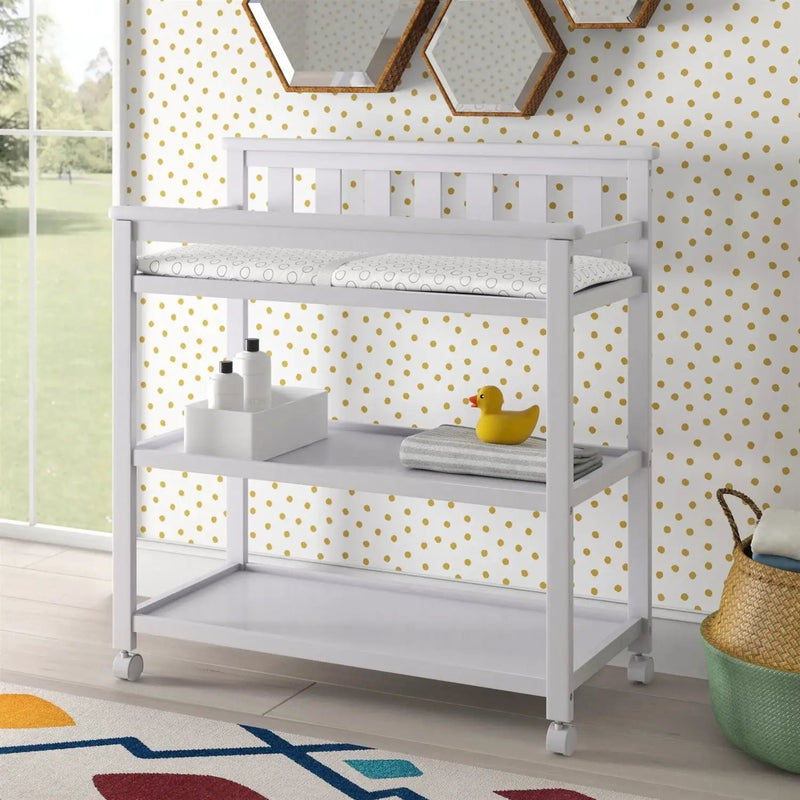 Modern White Baby's First 2 Shelf Changing Table with Wheels by HomePacific