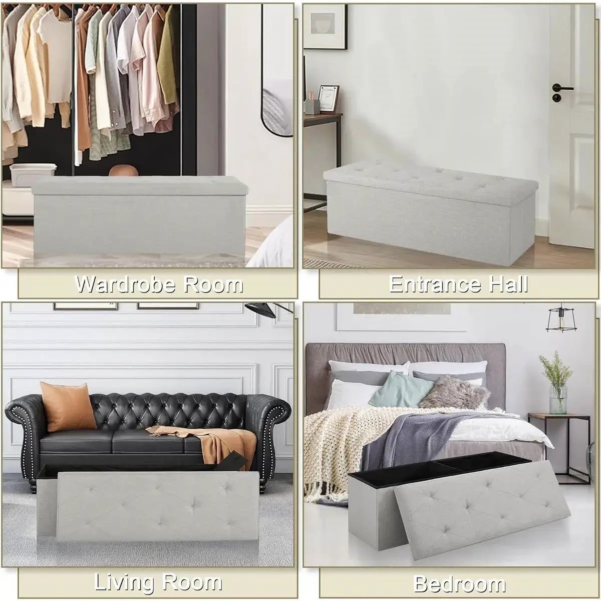 Light Grey Linen Upholstered Bedroom Living Room Entryway Storage Bench Ottoman by HomePacific