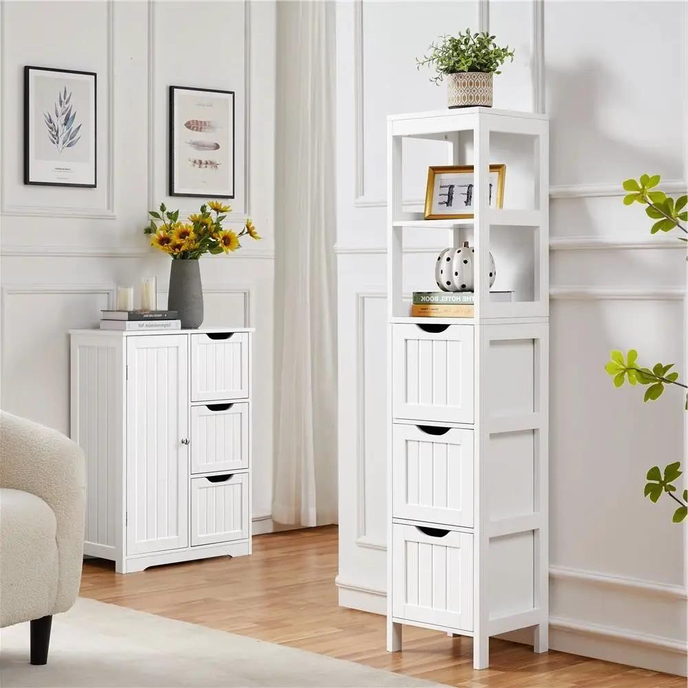 Bathroom Cabinet Tower with 3 Storage Drawers and 2 Shelves in White Wood Finish by HomePacific