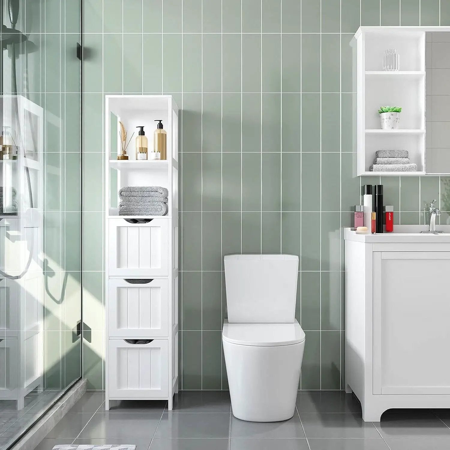 Bathroom Cabinet Tower with 3 Storage Drawers and 2 Shelves in White Wood Finish by HomePacific