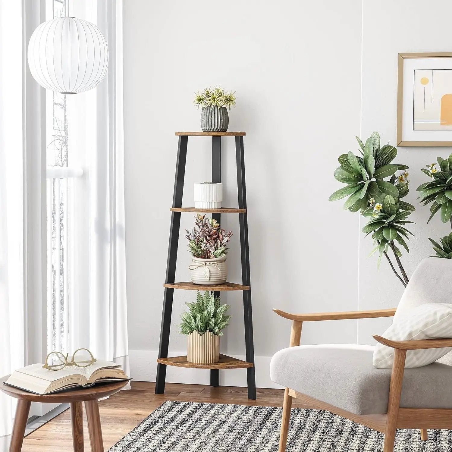 Narrow 3-Shelf Corner Shelving Unit Plant Stand Bookcase in Brown Black Wood by HomePacific