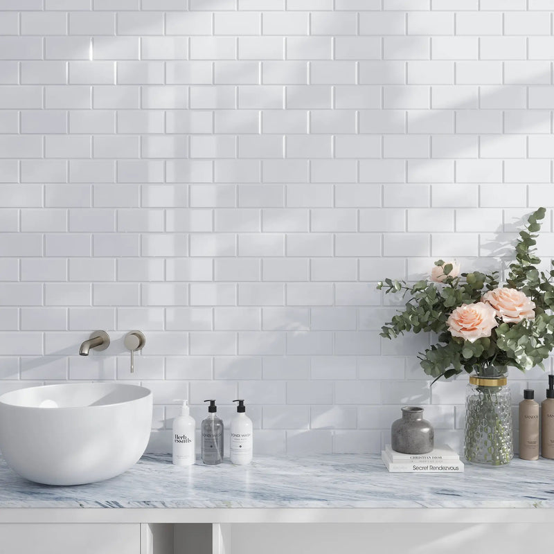 White 3x6 Polished Beveled Subway Thassos Marble Tile (40 pack, 5 sq ft/case) by Apollo Tile