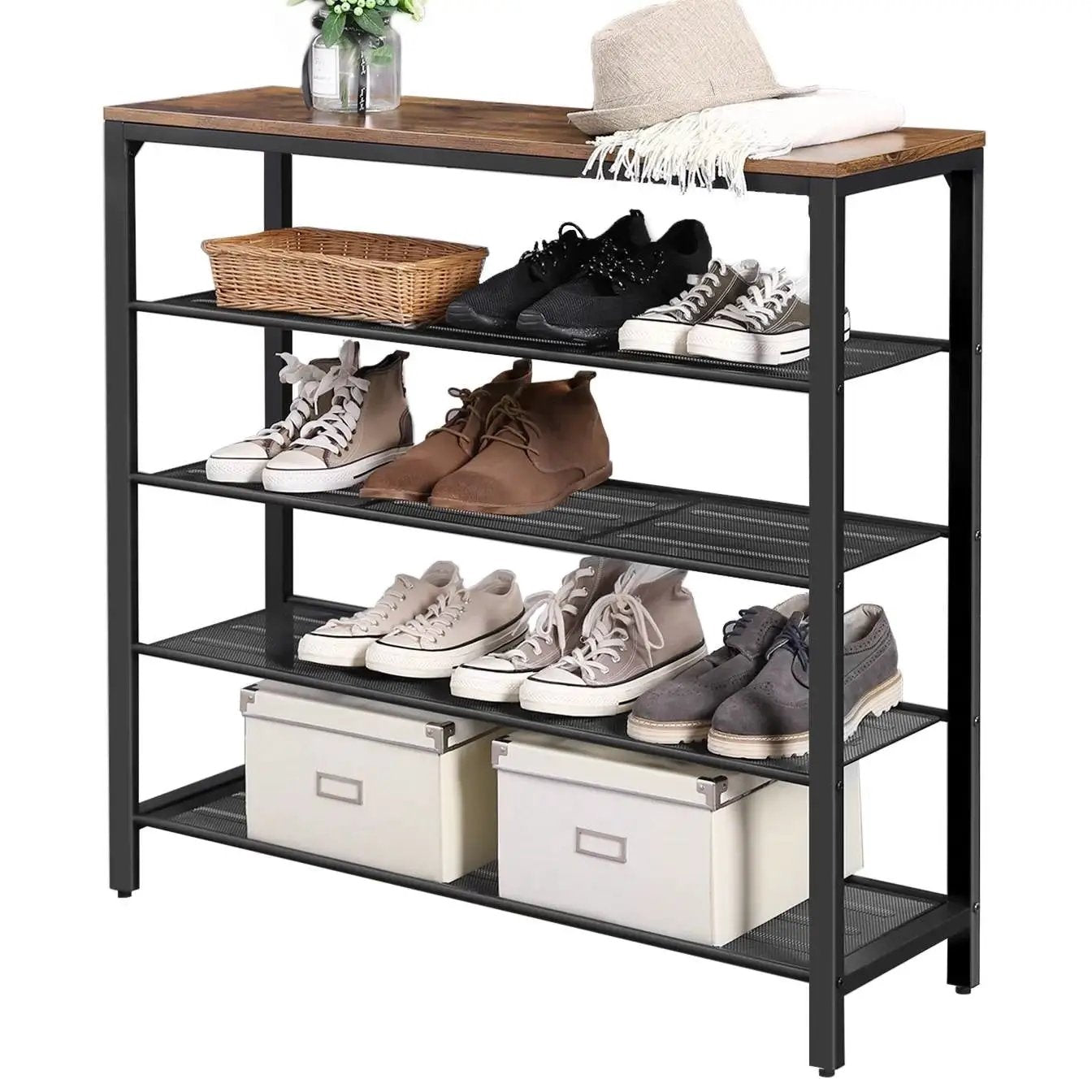 Modern Industrial Style 5-Tier Black Metal Shoe Rack with Brown Wood Top by HomePacific