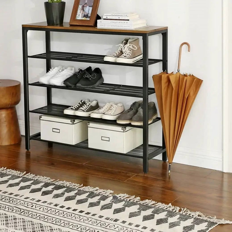 Modern Industrial Style 5-Tier Black Metal Shoe Rack with Brown Wood Top by HomePacific