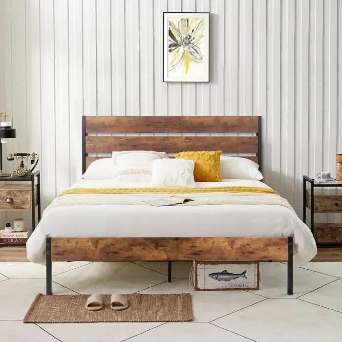 Full Industrial Platform Bed Frame with Brown Wood Slatted Headboard Footboard by HomePacific