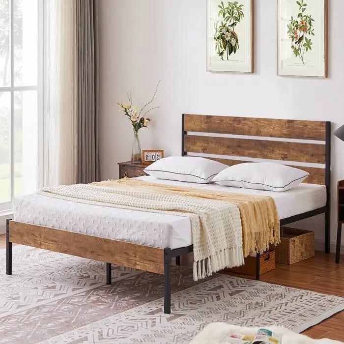 Full Industrial Platform Bed Frame with Brown Wood Slatted Headboard Footboard by HomePacific