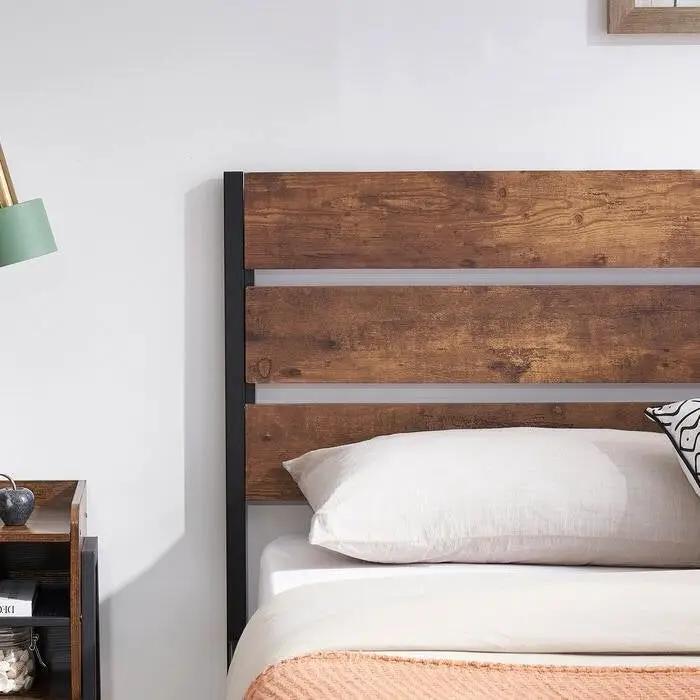 Full Industrial Platform Bed Frame with Brown Wood Slatted Headboard Footboard by HomePacific