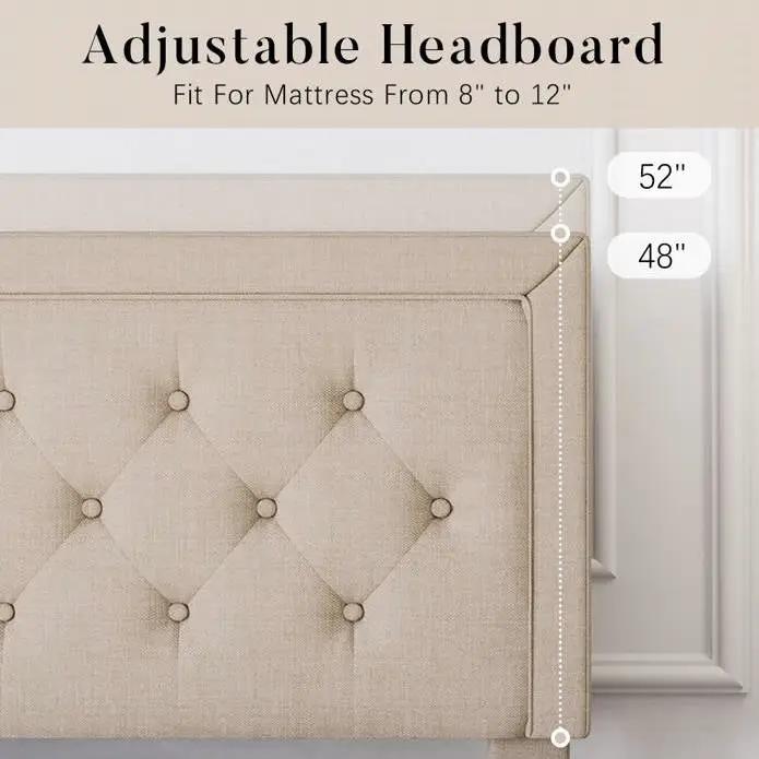 Full Size Adjustable Height Platform Bed Frame with Beige Upholstered Headboard by HomePacific
