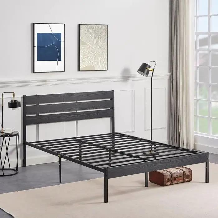 Full size Industrial Platform Bed Frame with Wood Slatted Headboard in Black by HomePacific