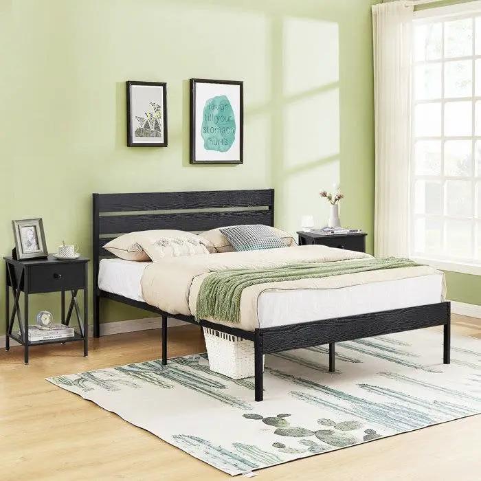 Full size Industrial Platform Bed Frame with Wood Slatted Headboard in Black by HomePacific