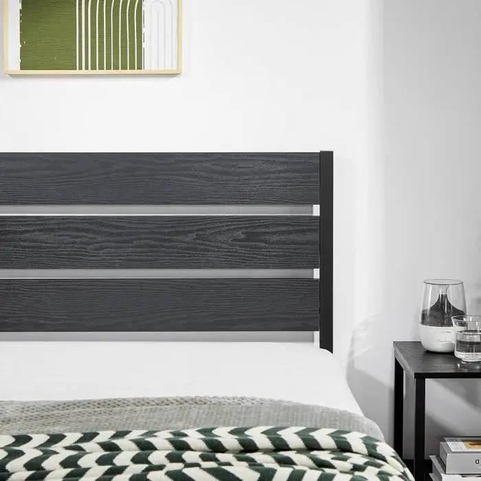 Full size Industrial Platform Bed Frame with Wood Slatted Headboard in Black by HomePacific