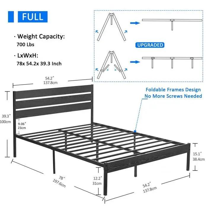 Full size Industrial Platform Bed Frame with Wood Slatted Headboard in Black by HomePacific