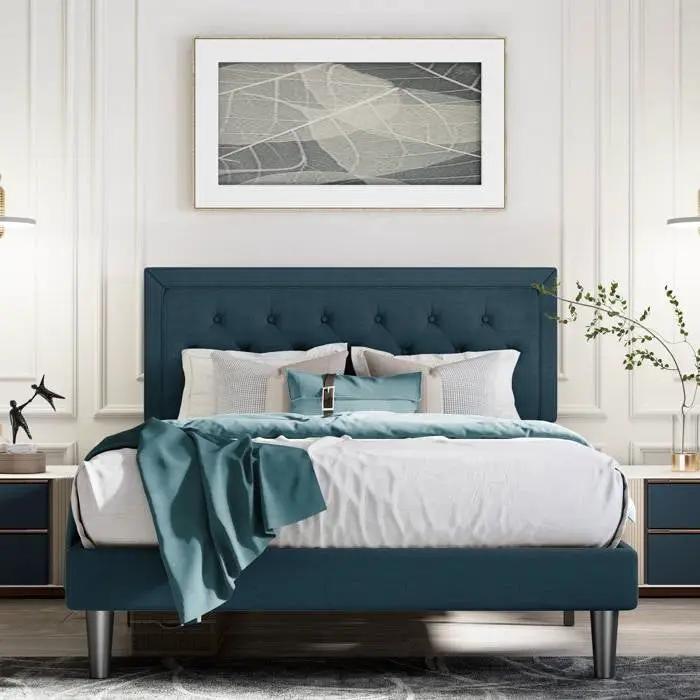 Full Size Adjustable Height Platform Bed Frame with Blue Upholstered Headboard by HomePacific