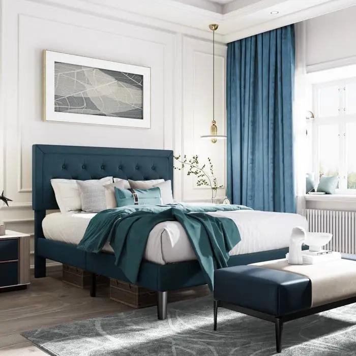 Full Size Adjustable Height Platform Bed Frame with Blue Upholstered Headboard by HomePacific