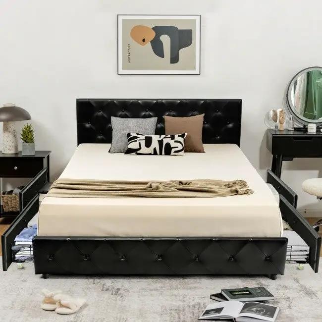Full Size Black PU Leather Button Tufted Platform Bed with 4 Storage Drawers by HomePacific