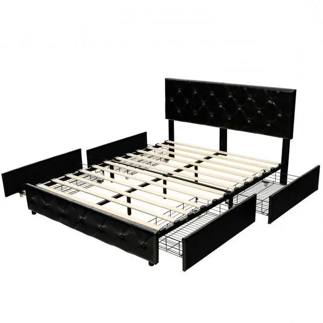 Full Size Black PU Leather Button Tufted Platform Bed with 4 Storage Drawers by HomePacific
