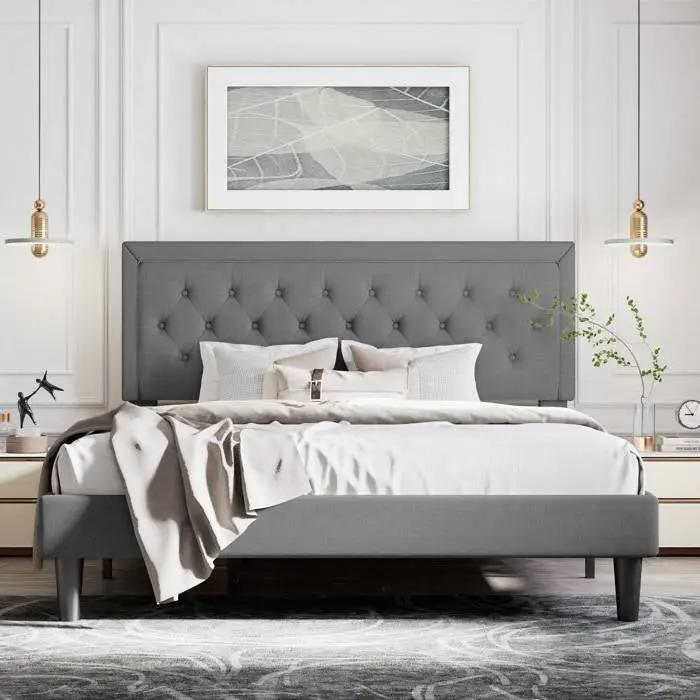 Full Size Dark Grey Linen Upholstered Platform Bed with Button-Tufted Headboard by HomePacific