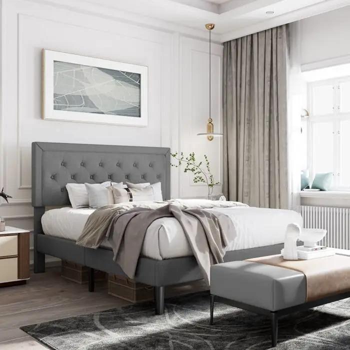 Full Size Dark Grey Linen Upholstered Platform Bed with Button-Tufted Headboard by HomePacific