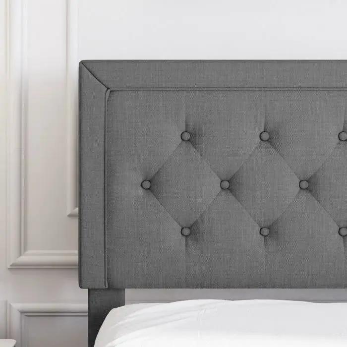 Full Size Dark Grey Linen Upholstered Platform Bed with Button-Tufted Headboard by HomePacific