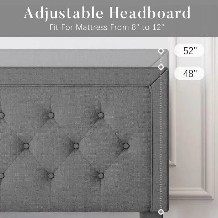 Full Size Dark Grey Linen Upholstered Platform Bed with Button-Tufted Headboard by HomePacific