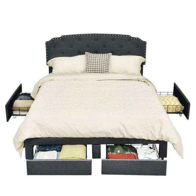 Full Size Grey Linen Adjustable Headboard 4 Drawer Storage Platform Bed by HomePacific