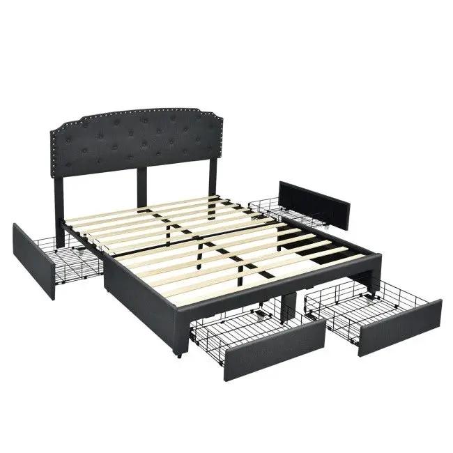 Full Size Grey Linen Adjustable Headboard 4 Drawer Storage Platform Bed by HomePacific