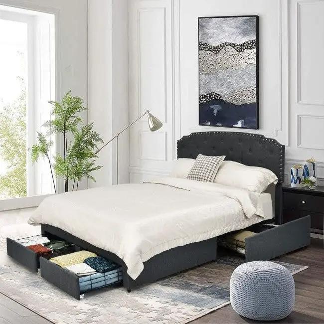 Full Size Grey Linen Adjustable Headboard 4 Drawer Storage Platform Bed by HomePacific