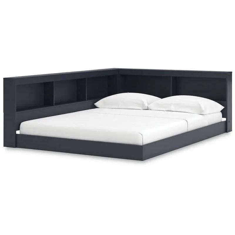Full size Blue Wooden Corner Storage Bed with Bookcase Headboard and USB Ports by HomePacific