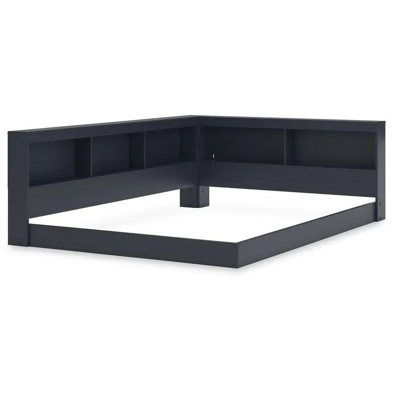 Full size Blue Wooden Corner Storage Bed with Bookcase Headboard and USB Ports by HomePacific