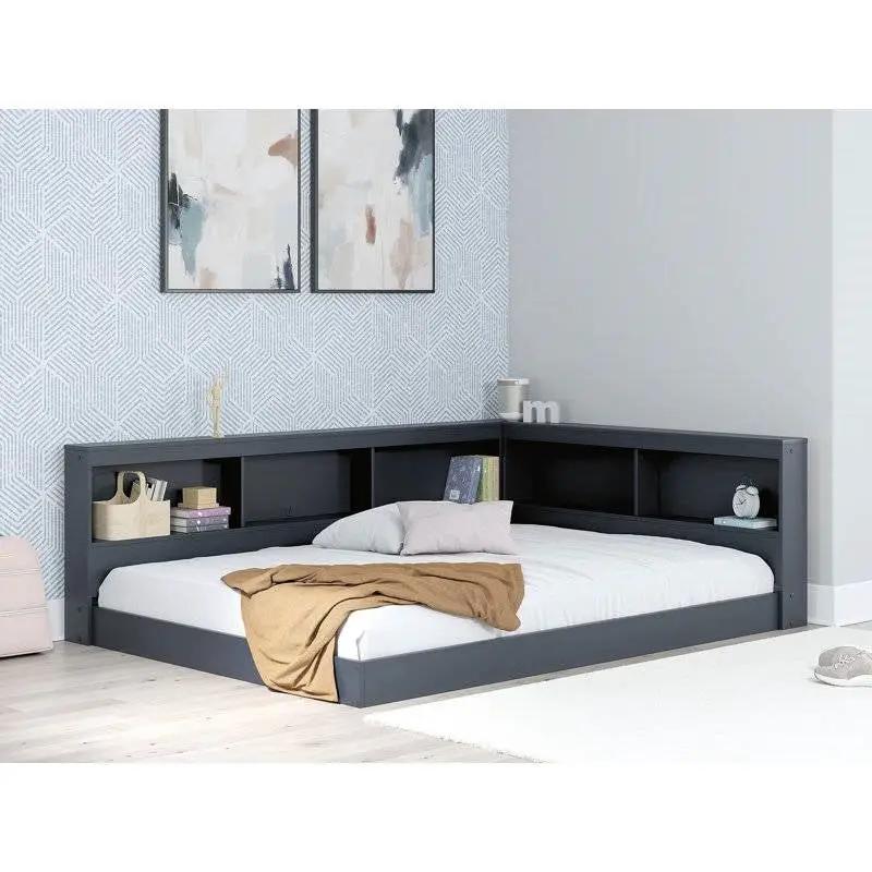Full size Blue Wooden Corner Storage Bed with Bookcase Headboard and USB Ports by HomePacific