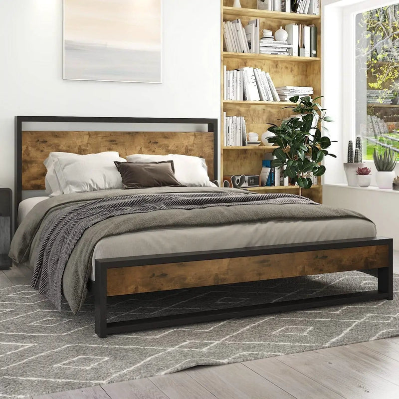 Full Modern Farmhouse Platform Bed Frame with Wood Panel Headboard Footboard by HomePacific