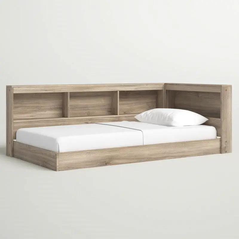 Full size Natural Wood Corner Storage Bed with Bookcase Headboard and USB Ports by HomePacific