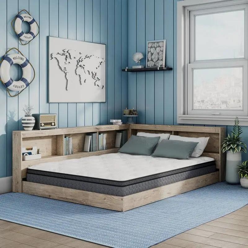 Full size Natural Wood Corner Storage Bed with Bookcase Headboard and USB Ports by HomePacific