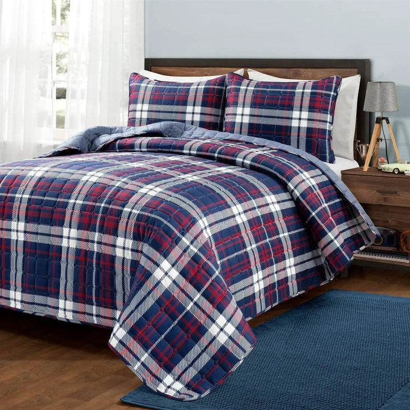 Full/Queen Farmhouse Plaid 3 Piece Lightweight Reversible Quilt Set by HomePacific